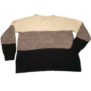 Cozy Tricolor Knit Sweater Cream‎ Brown Black Colorblock Pullover